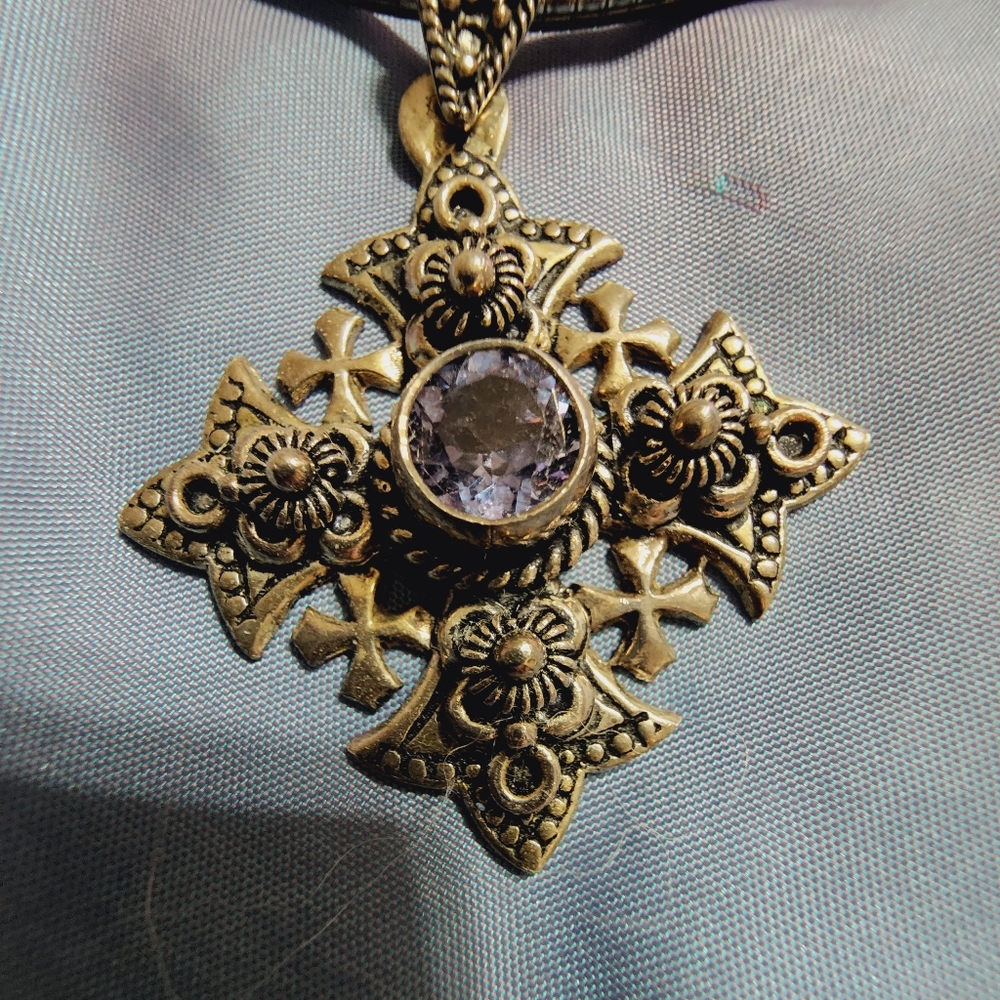 RARE - Vintage Jerusalem Bethlehem Gemstone Sterling Silver Cross - Picture 3 of 4